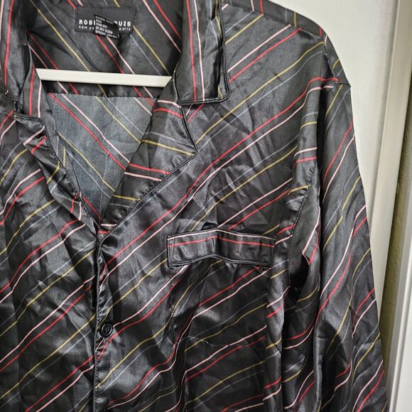 Robert Louis Pajama Shirt Mens Large Black Striped‎ PJ Top Silk Button-Up - Picture 4 of 8